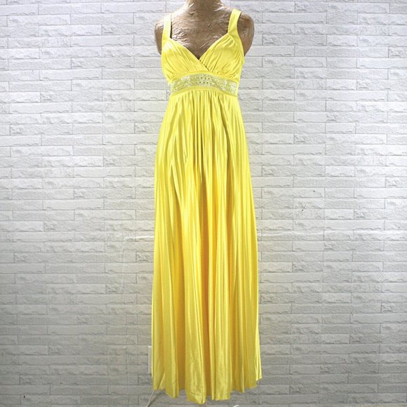 TABOO Dress Maxi Prom Homecoming Pleated Embellished V-neck Yellow Large - Picture 1 of 13